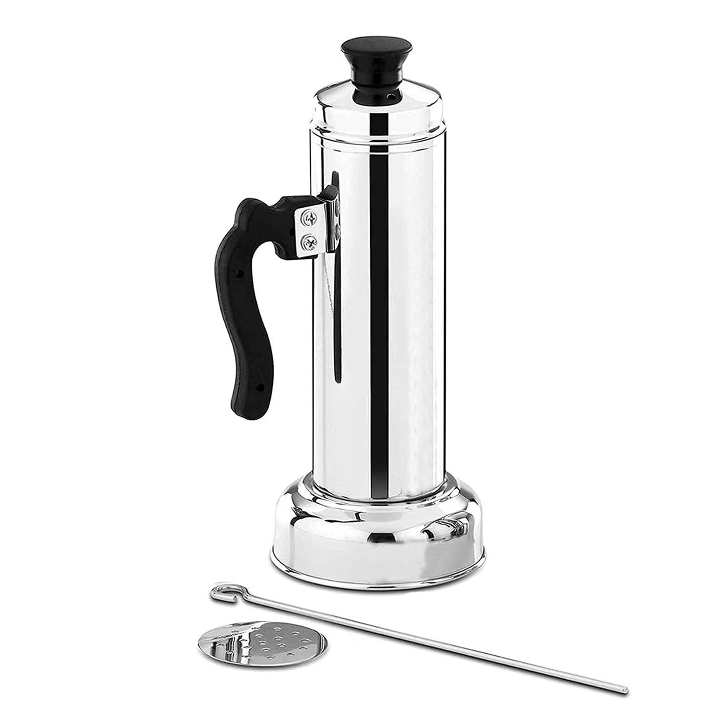 5311 Puttu Maker with Steamer Plate, Metal Stick, Black Plastic Handle, Silver Lid, Puttu Maker Set To Use with Pressure Cooker Top, Food Grade Stainless Steel