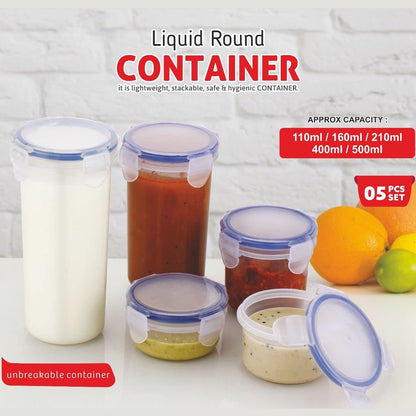 Plastic Liquid Round Airtight Food Storage Container with Leak Proof Locking Lid BPA Free Container for Kitchen, 5 Pcs Set Transparent,  ( Approx Capacity 110 ml,160 ml,210 ml,400 ml,500 ml)